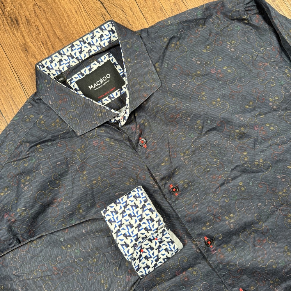 Maceoo Shirt Mens 7 3XL Blue Einstein Paisley Swirls Button Down Flip Cuff Dress
